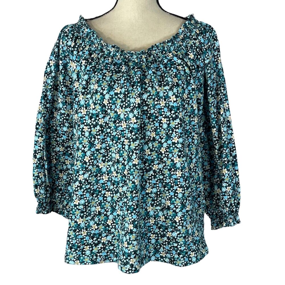 Style & Co 0X-Large Top Floral 3/4 Balloon Sleeves Stretch Boat Neck Blue Multi